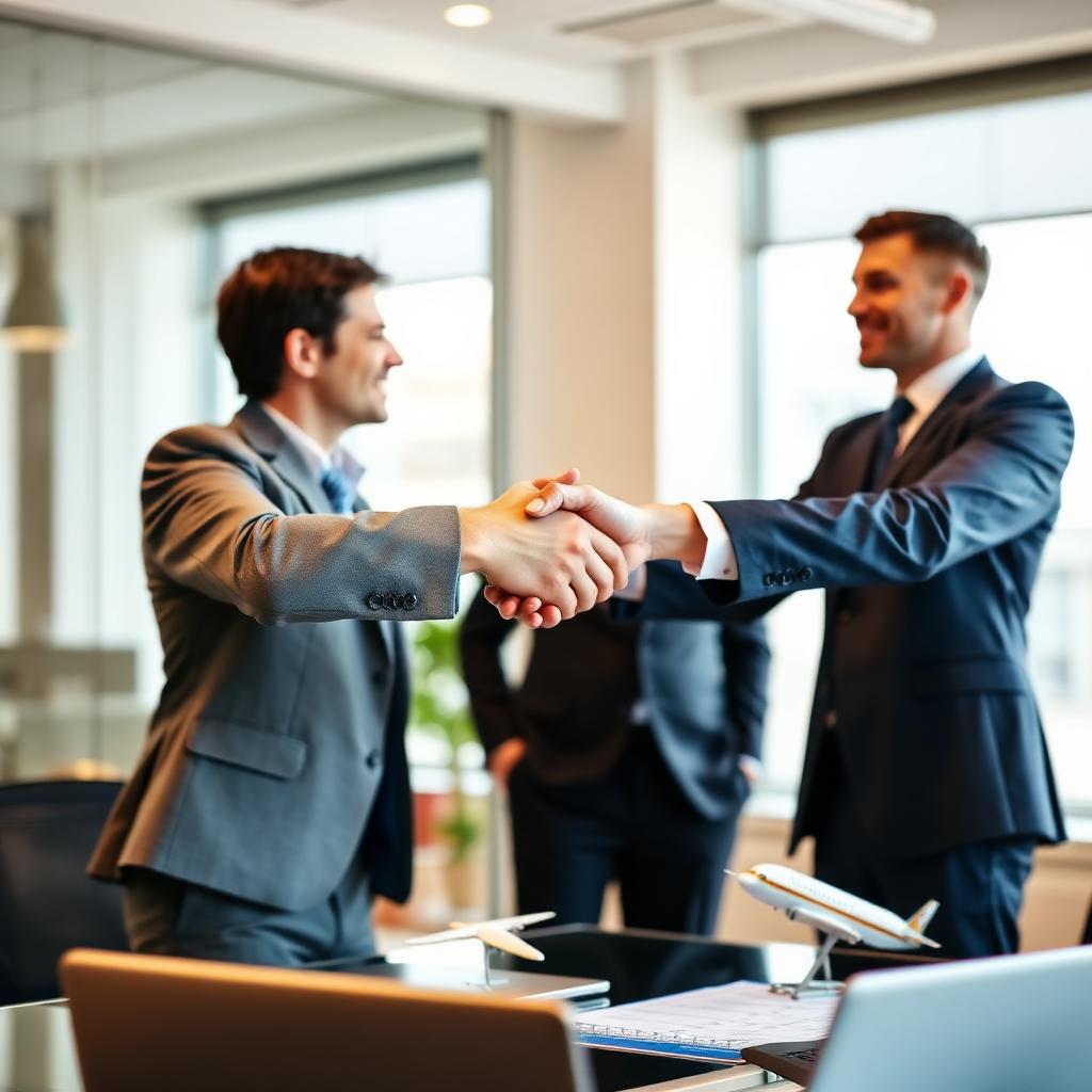 Two professionals shaking hands across a desk